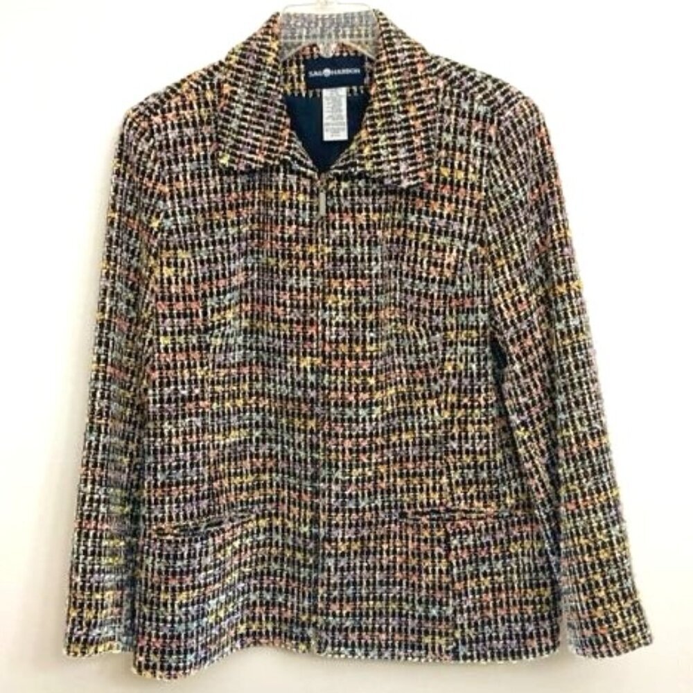 Sag Harbor Blazer Lady Jacket Sz12 Pastel Rainbow Tweed‎ Metallic Zip Up Lined